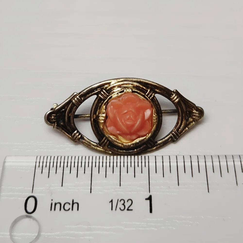 Vintage 1930's Sterling Silver Gold Vermeil Celluloid Coral Rose Brooch Pin